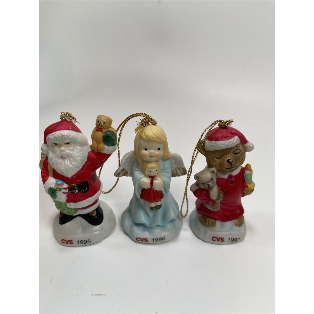 Vintage CVS Ornaments 1995 1996 1997 Santa Angel Teddy Bear Set of 3